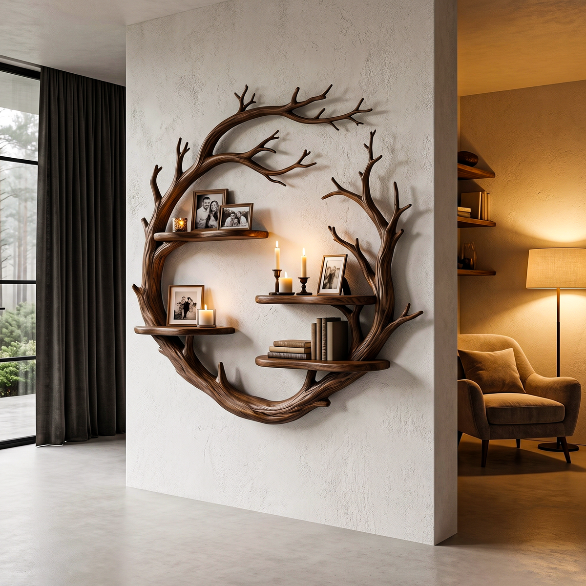 Contemporary Floating Shelf With Tree Branch Display Design For Living Room And Hallway - view 3