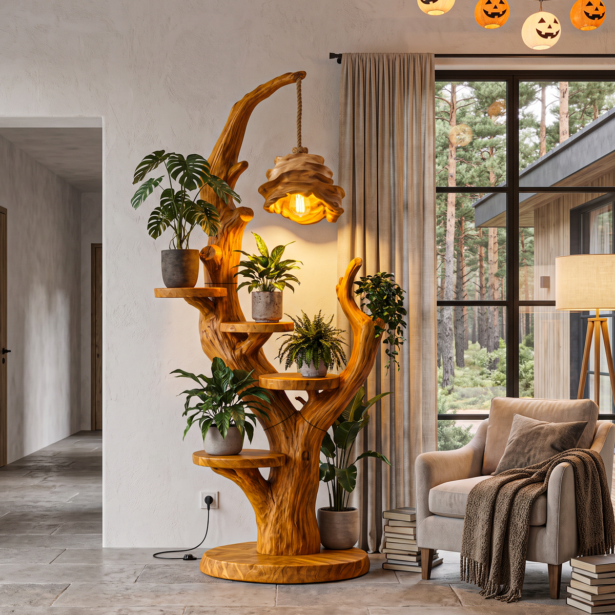 Contemporary Halloween Plant Display Stand With Floating Circular Shelves For Entryway - view 3