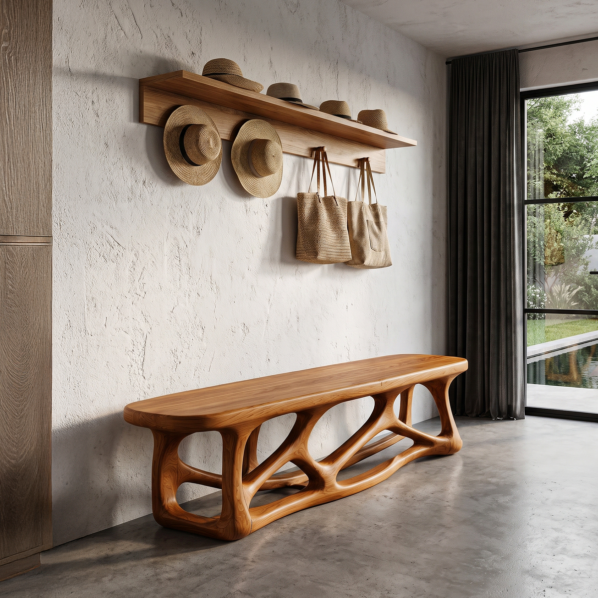 Contemporary Wood Bench With Flowing Organic Design For Hallway And Entryway - view 3