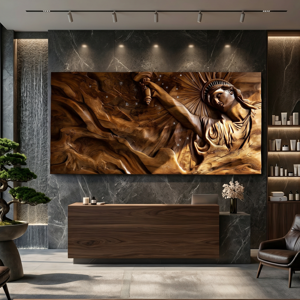 Contemporary Luxe Liberty Wood Wall Art Reception Lobby Interior Design - view 3