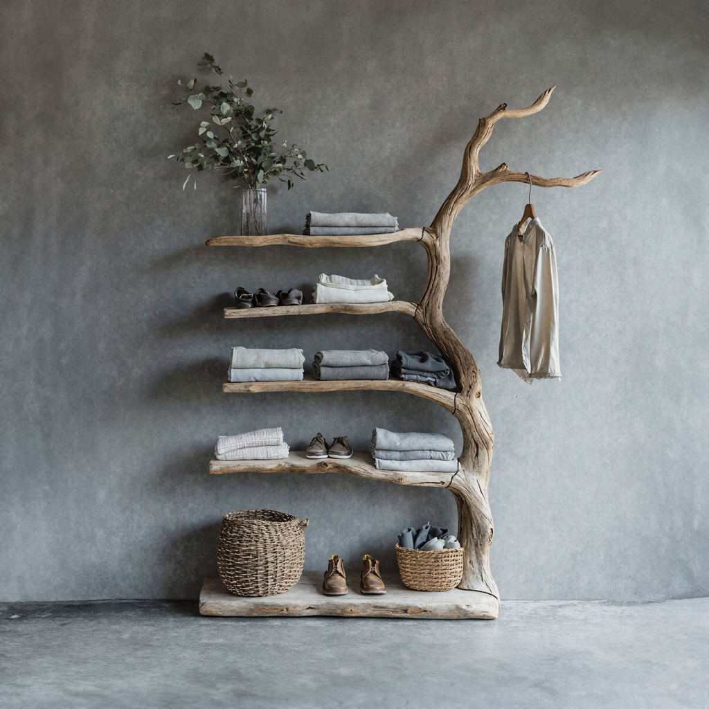 Driftwood Tree Branch Coat Rack With Shelf Shoe Storage - view 3