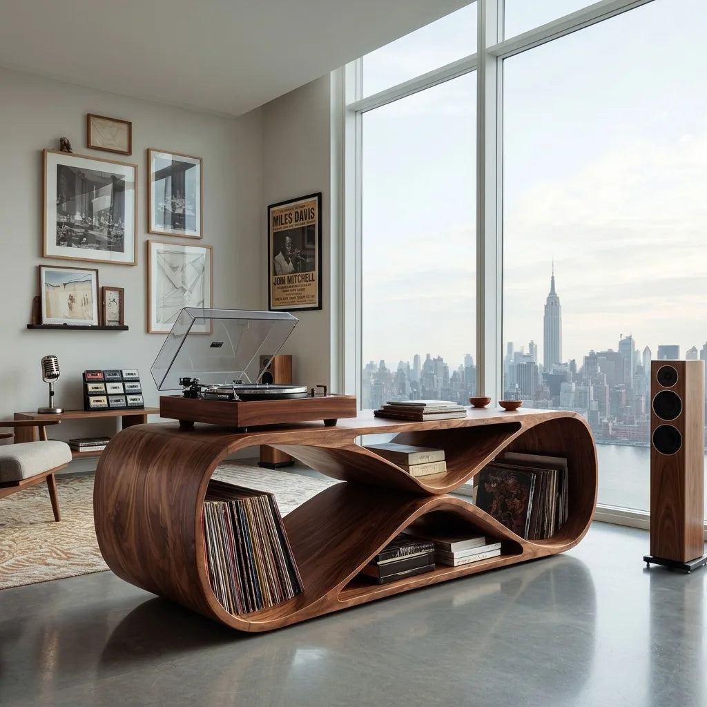 Contemporary Sculptural Wooden Record Player Console For Living Room - view 3