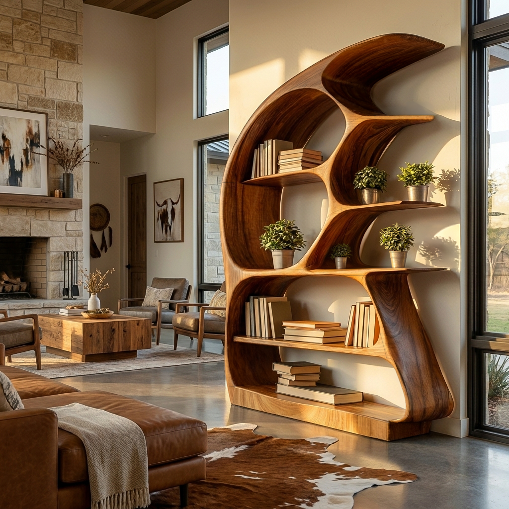 Contemporary Sculptural Wood Bookshelf For Living Room Decor - view 3