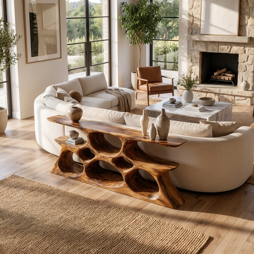 Elegant Wooden Console Table With Sculptural Shelves For Home Decor - view 3