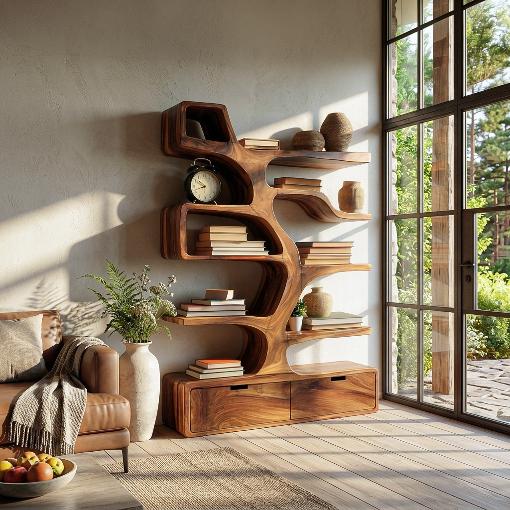 Contemporary Wooden Bookshelf Sculpted Design For Living Space - view 3