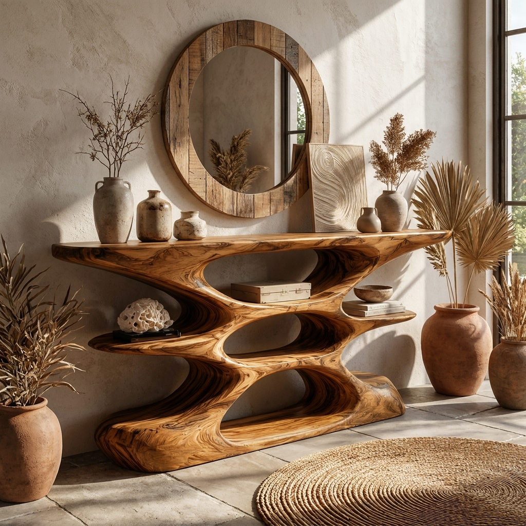 Contemporary Sculptural Wood Console Table With Cutout Shelves For Living - view 3