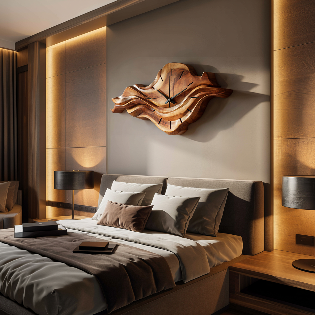 Contemporary Wooden Wall Clock With Unique Wave Sculpture For Home - view 3