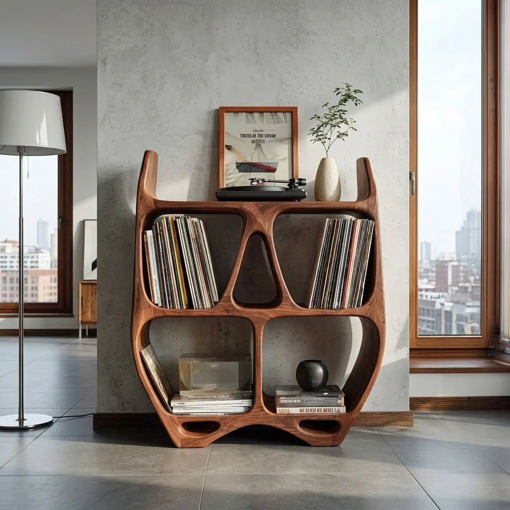 Elegant Sculptural Wooden Record Cabinet For Living Room - view 3