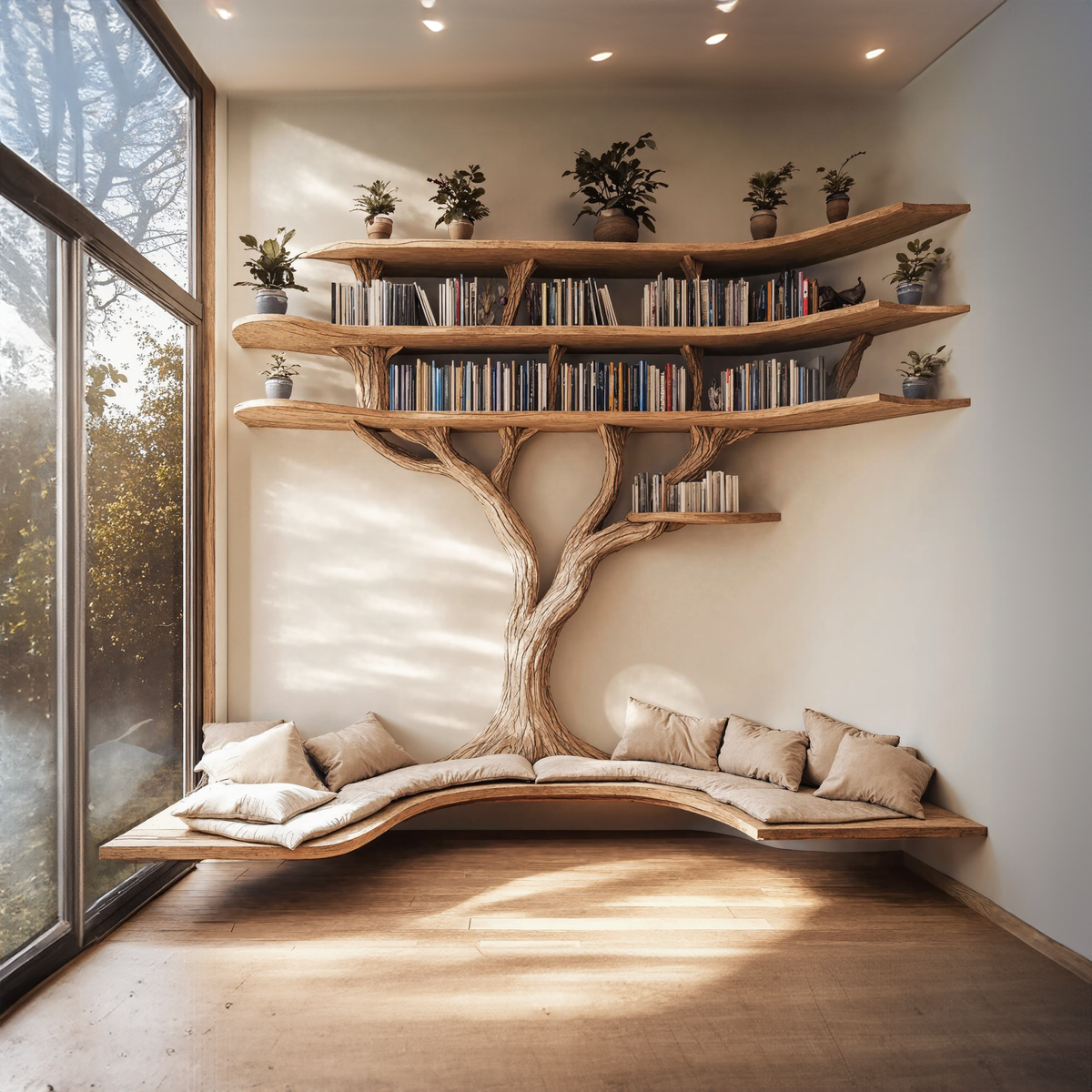 Driftwood Branch Tree Bookshelf With U Shaped Bench Custom Corner Bench - view 3