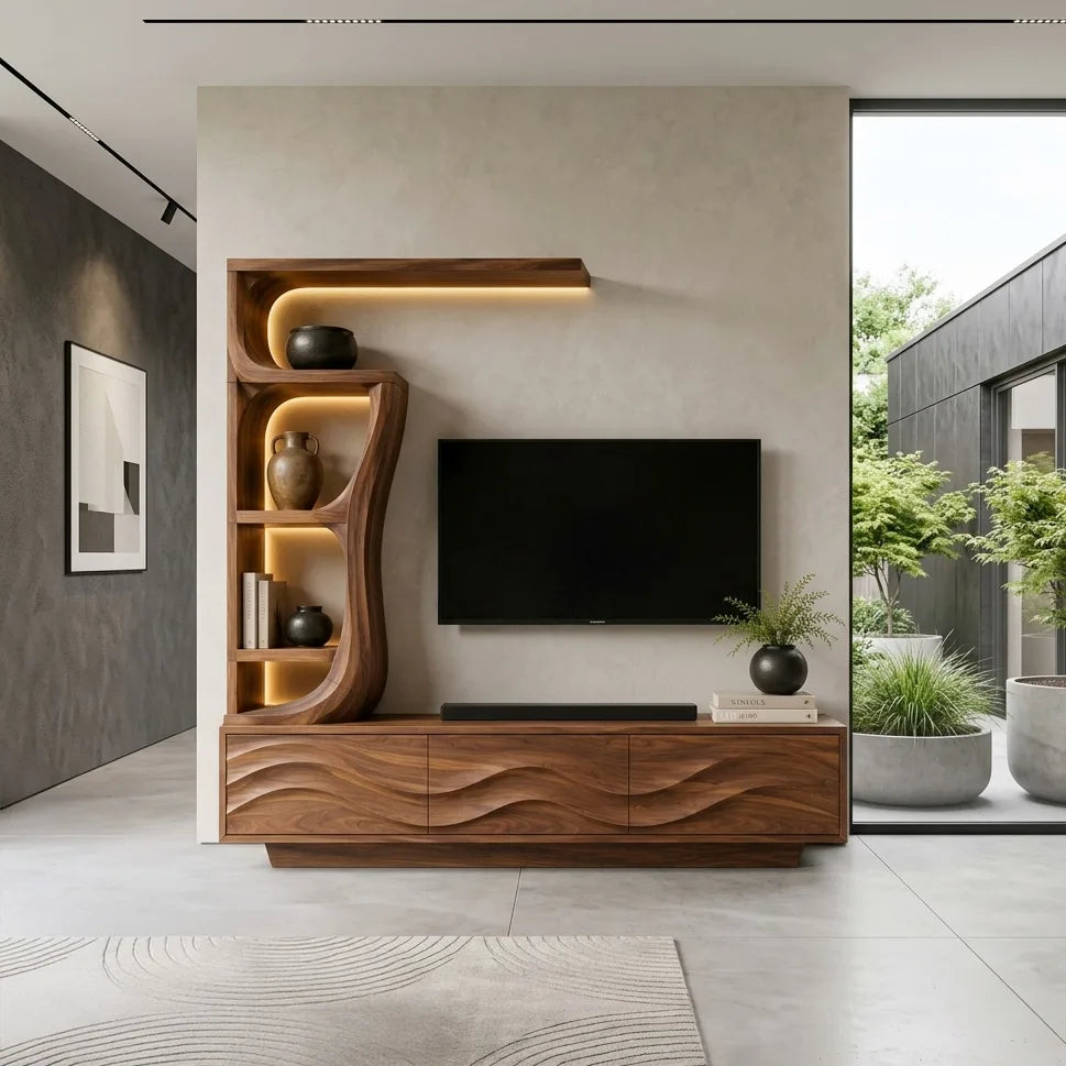 Contemporary Wave Carved Wooden TV Stand With Shelf For Living Room - view 3