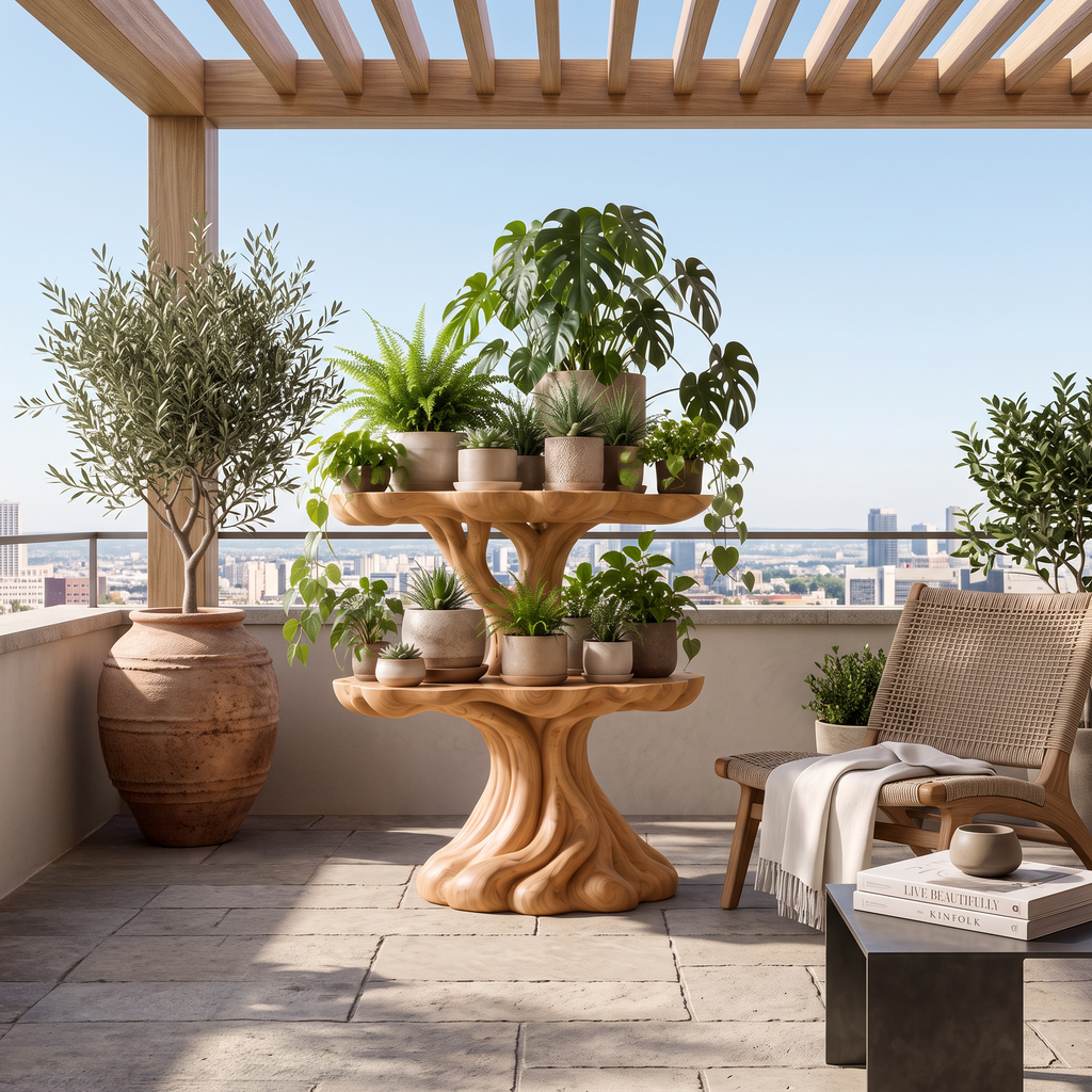 Contemporary Tiered Plant Shelf With Organic Branch Design For Living Room And Entryway - view 3