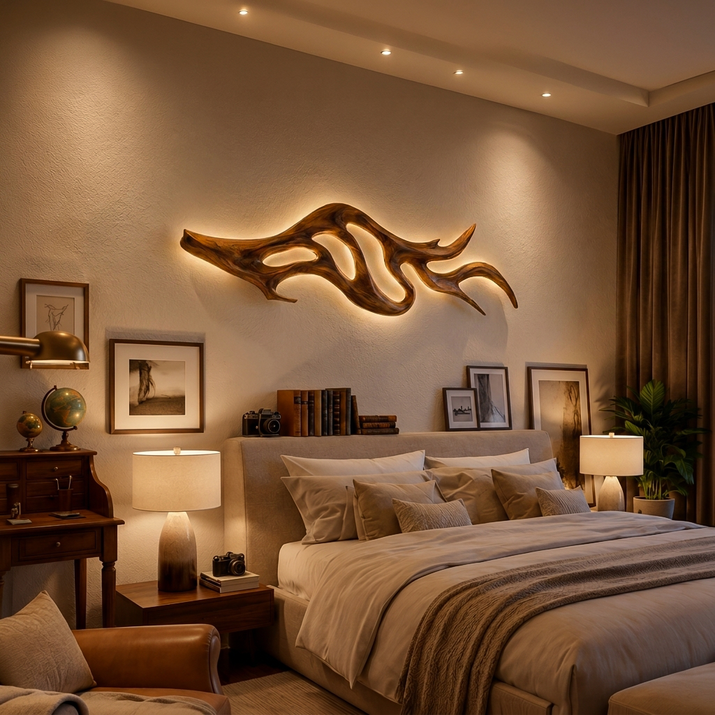 Artistic Wood Wall Light With Sculptural Form For Bedroom - view 3