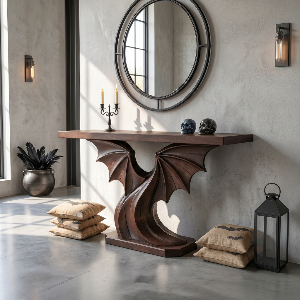 Contemporary Halloween Console Table With Sculptural Bat Wing Design For Entryway And - view 3