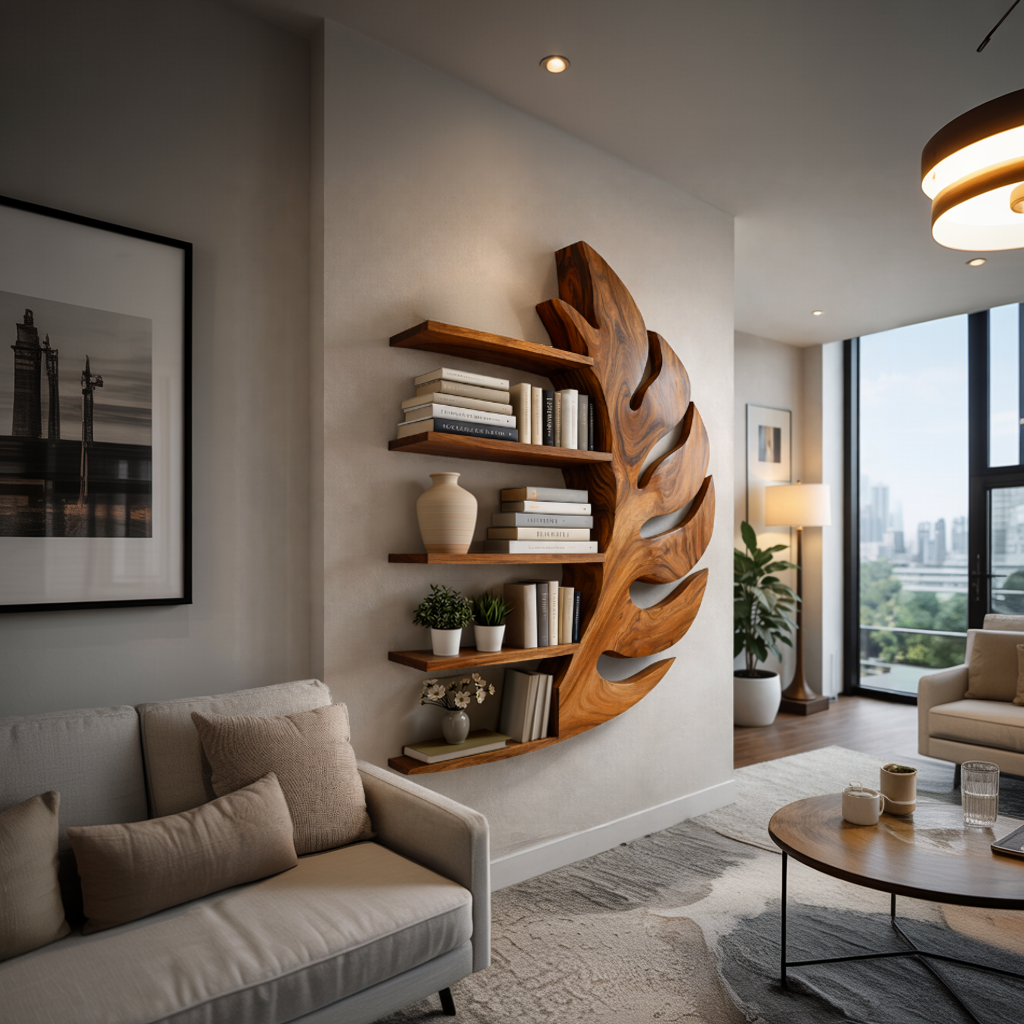 Contemporary Wooden Leaf Shape Floating Bookshelf For Home Decor - view 3