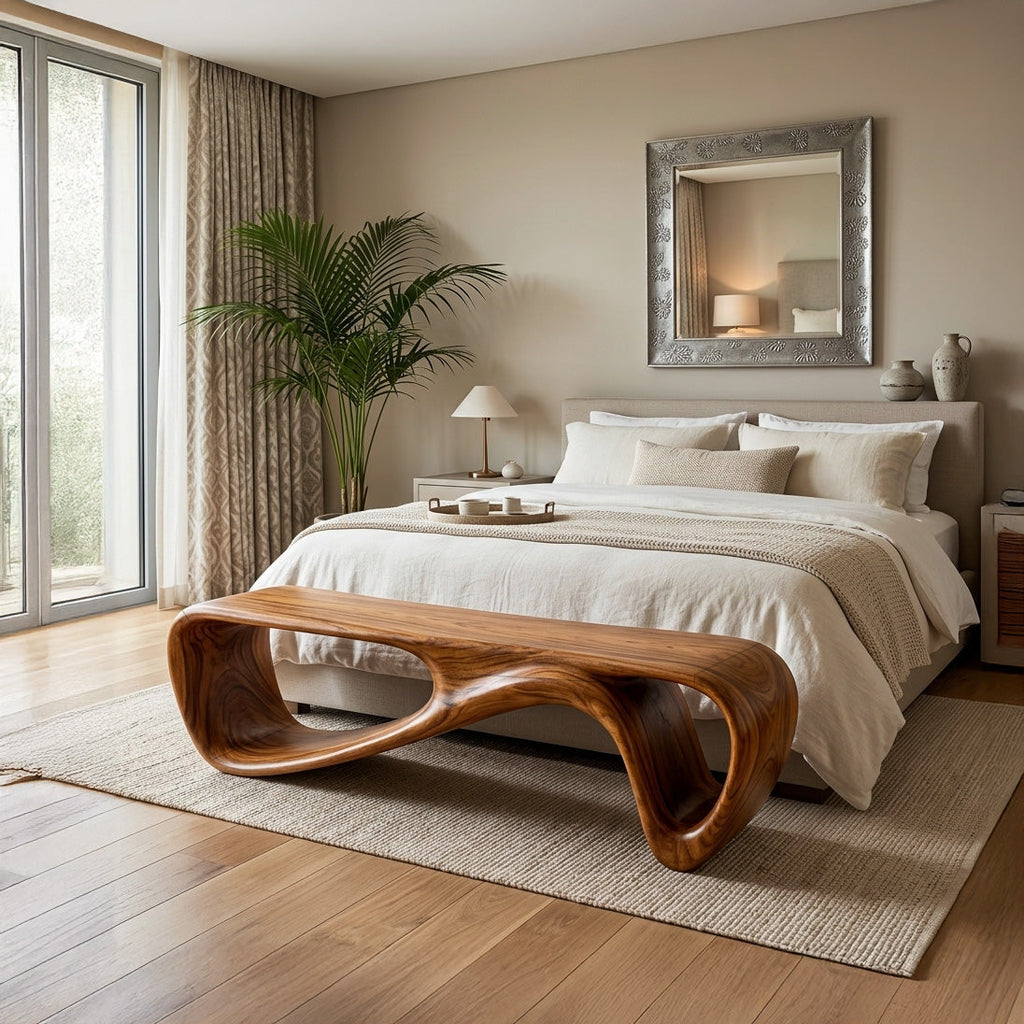 Curved Wooden Bench For Minimalist Living Room Decor - view 3