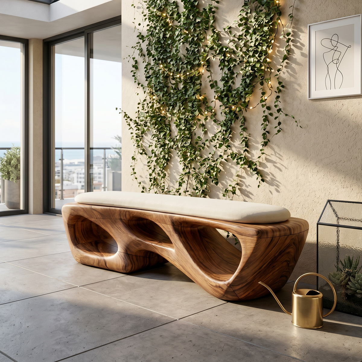 Curved Solid Wood Bench Luxury Living Room - view 3