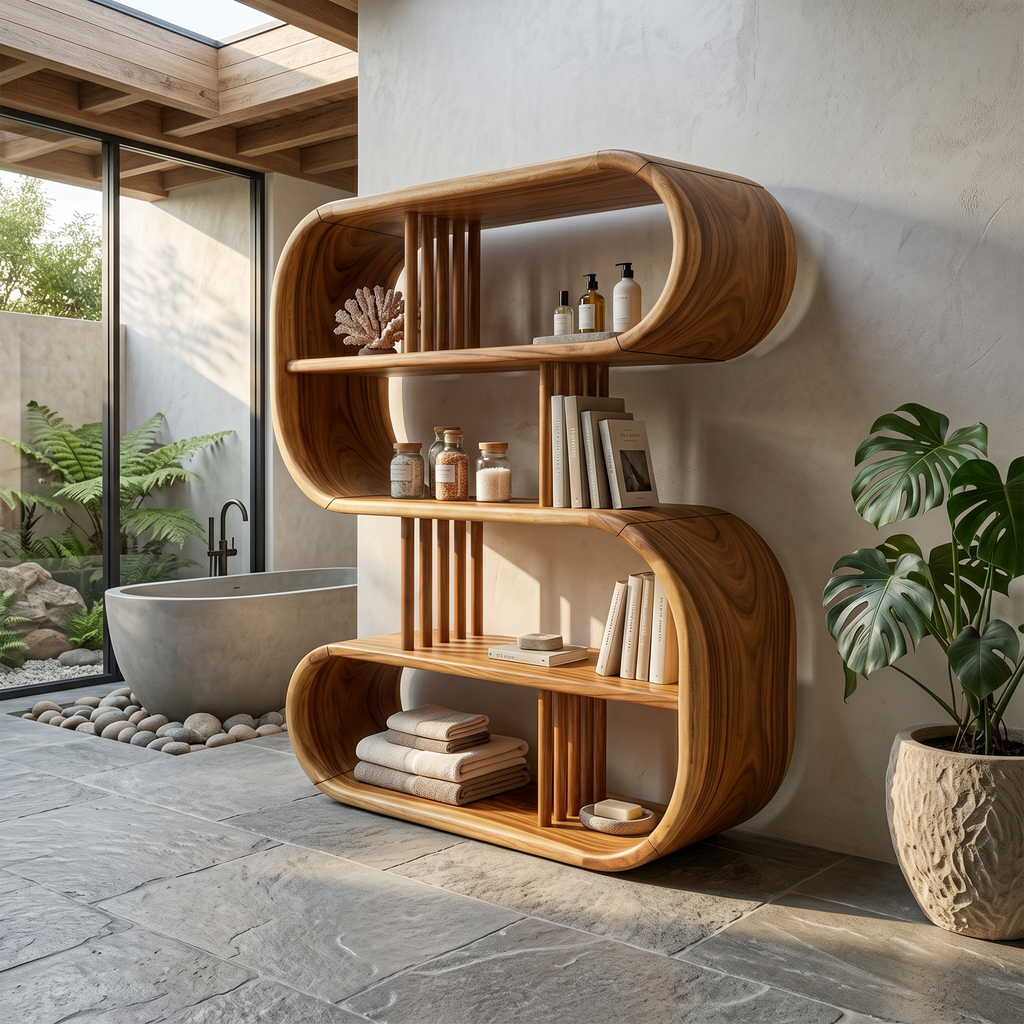 Elegant Curved Wooden Bathroom Shelf With Spa Inspired Design - view 3