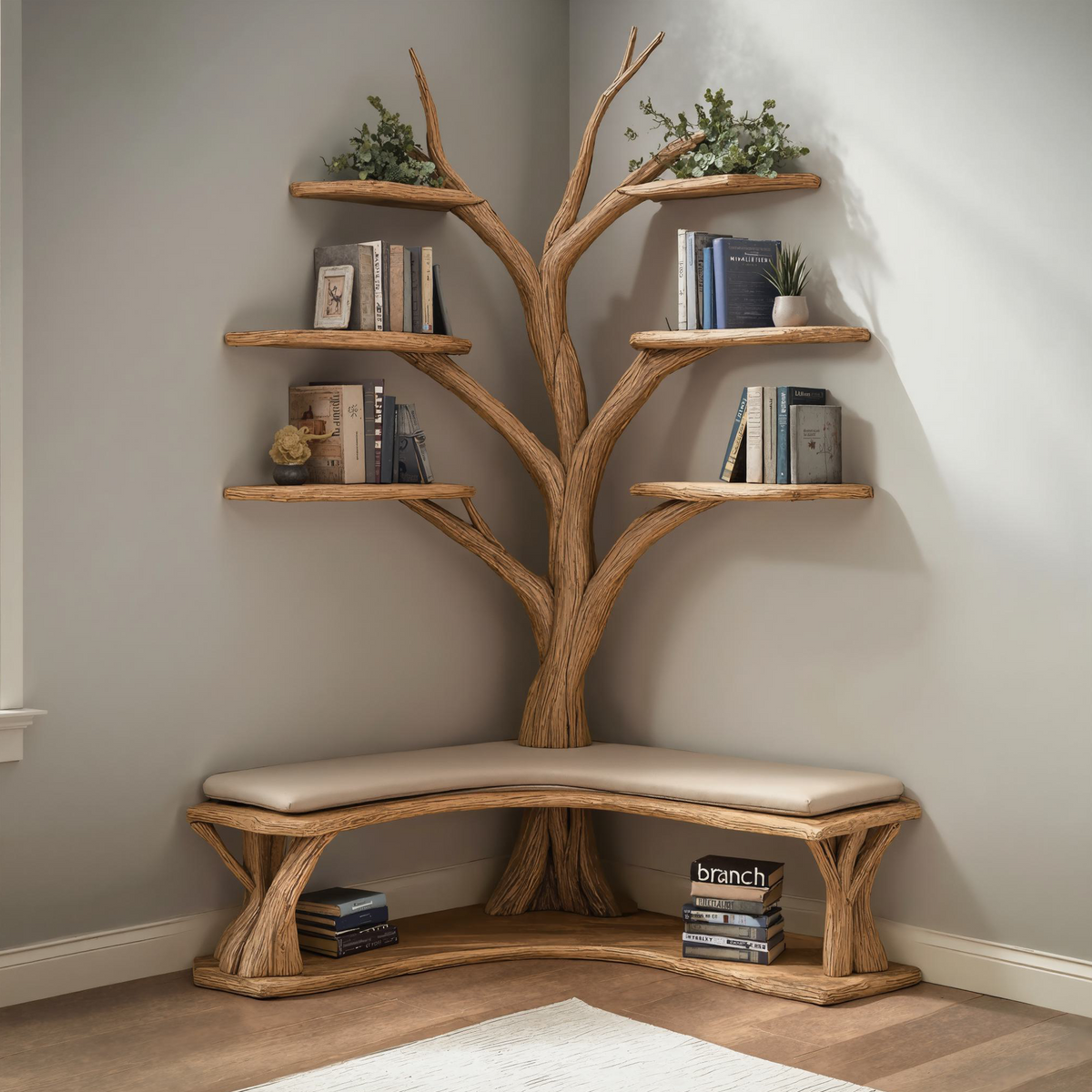 Driftwood Branch Floating Bookshelf Hall Tree With Wood Bench - view 3