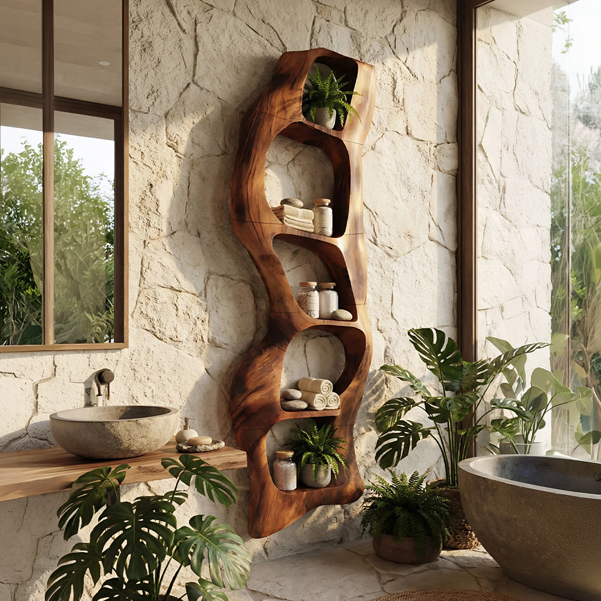 Contemporary Wooden Wall Shelf, Handcrafted Solid Wood Floating Storage Display Ledge Rack - view 3