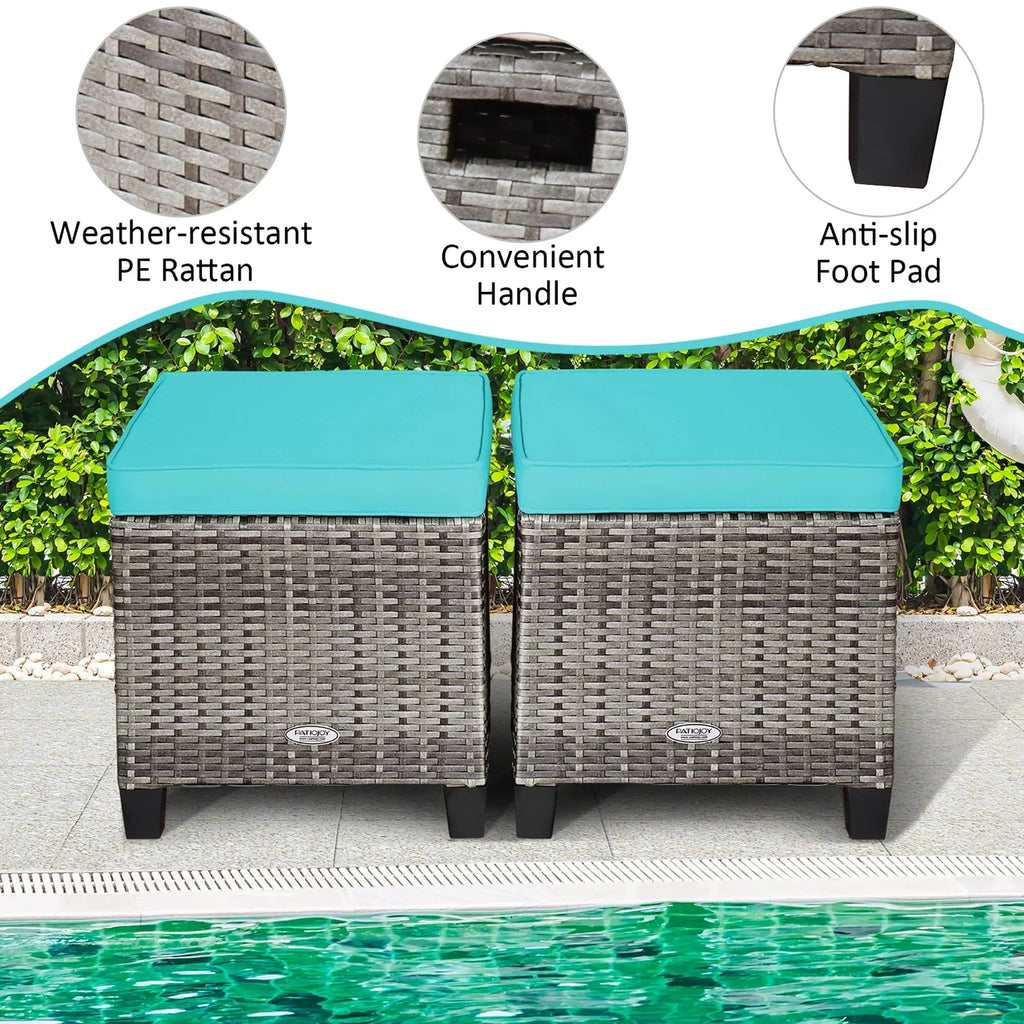 Costway 2-Piece Patio Rattan Cushioned Ottoman Set, 16 x 16 x 18 in, Turquoise