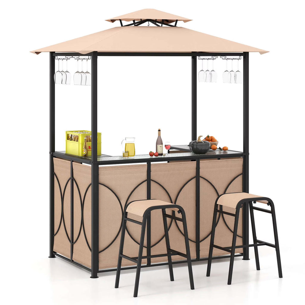 Costway 3-Piece Grill Gazebo Bar Set With 2 Bar Stools And Tempered Glass Top - Grey