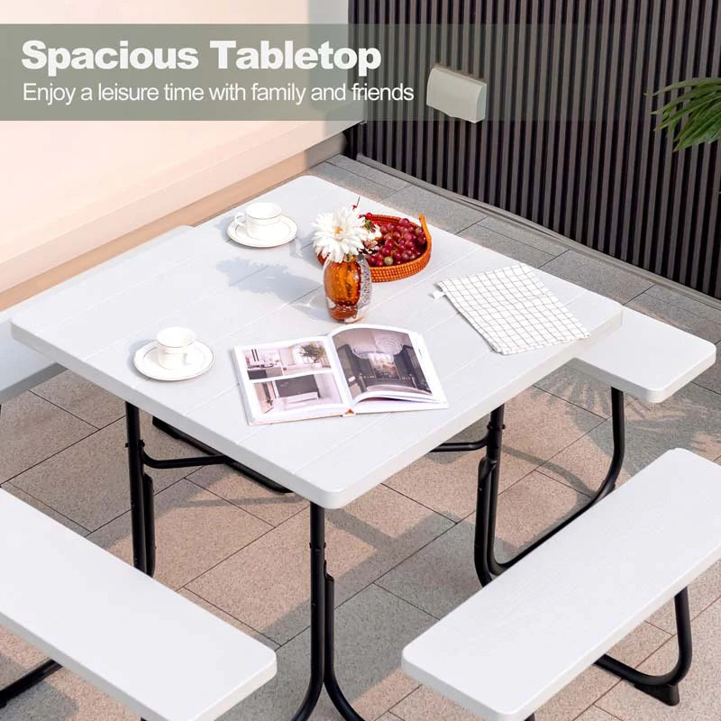8-Person Outdoor HDPE Square Picnic Table And Bench Set, 67in x 67in x 30in, Metal Frame