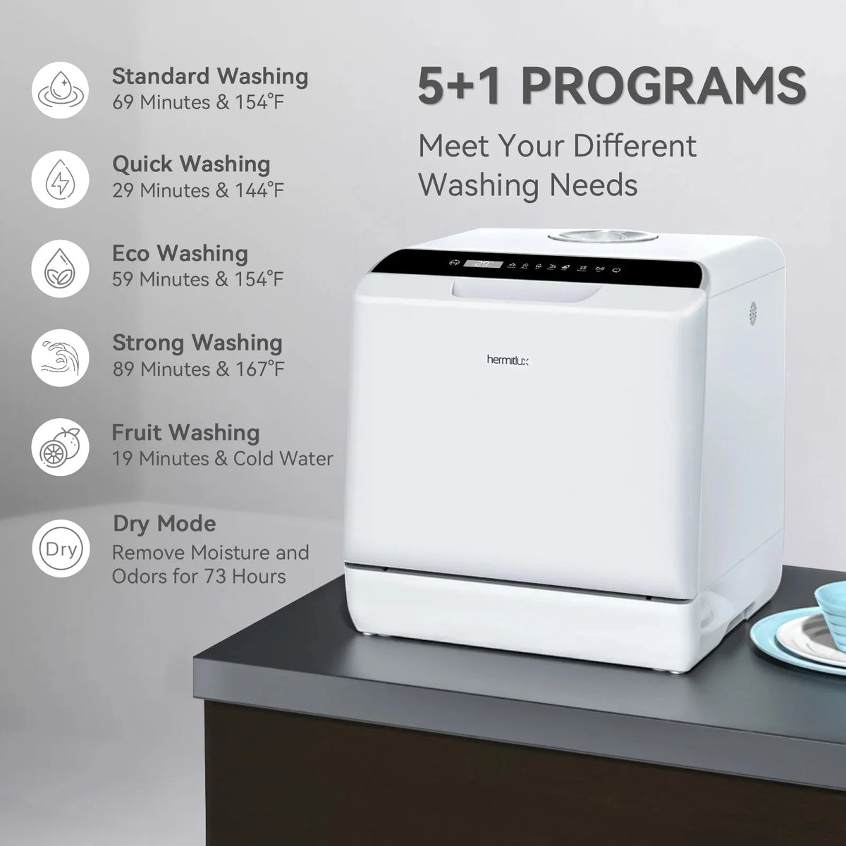 Hermitlux Portable Countertop Dishwasher, 5L Built-In Water Tank, 4 Place Settings - HMX-DW03