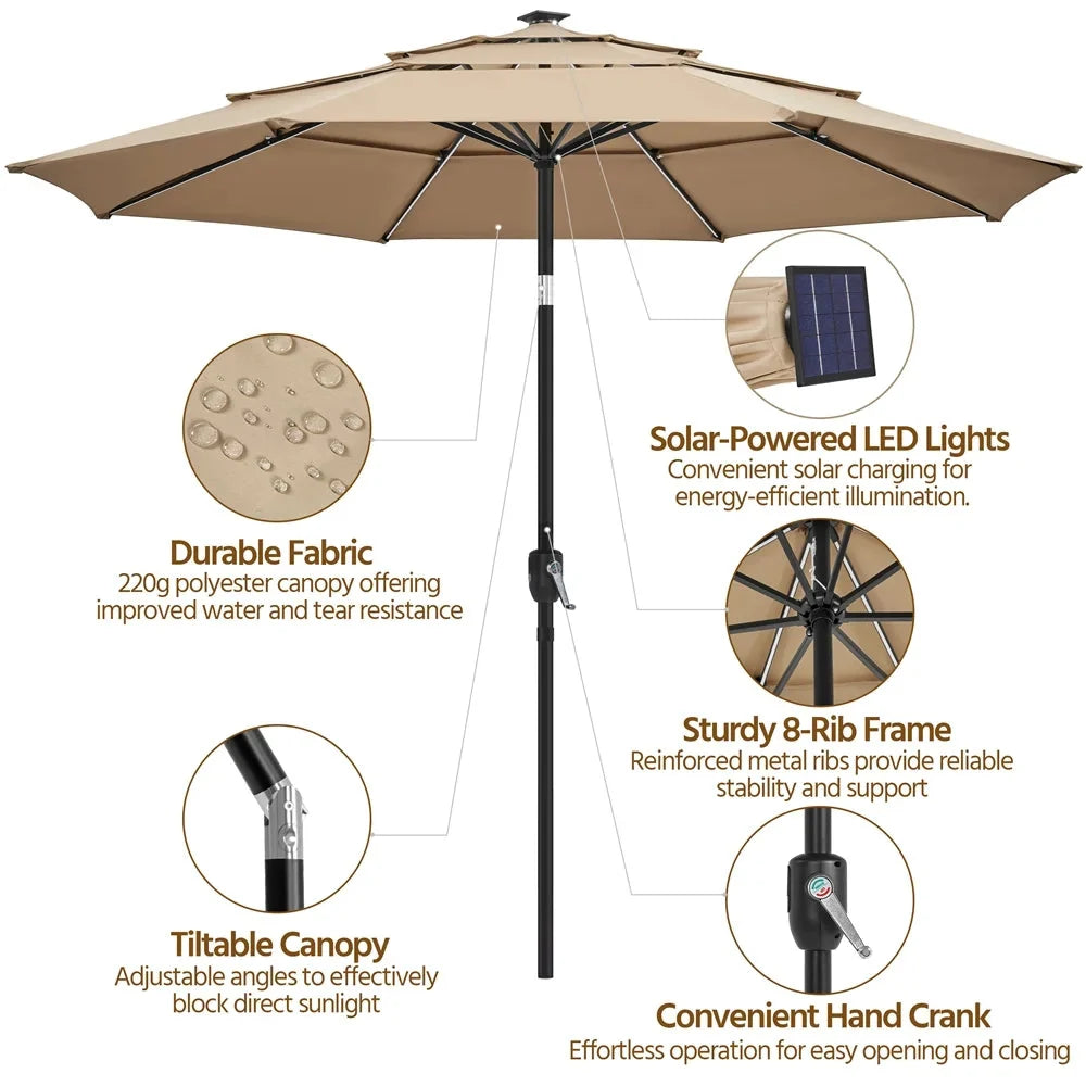 Renwick Outdoor Patio Parasol With Color-Changing LED Strip, Tan - 10 Ft