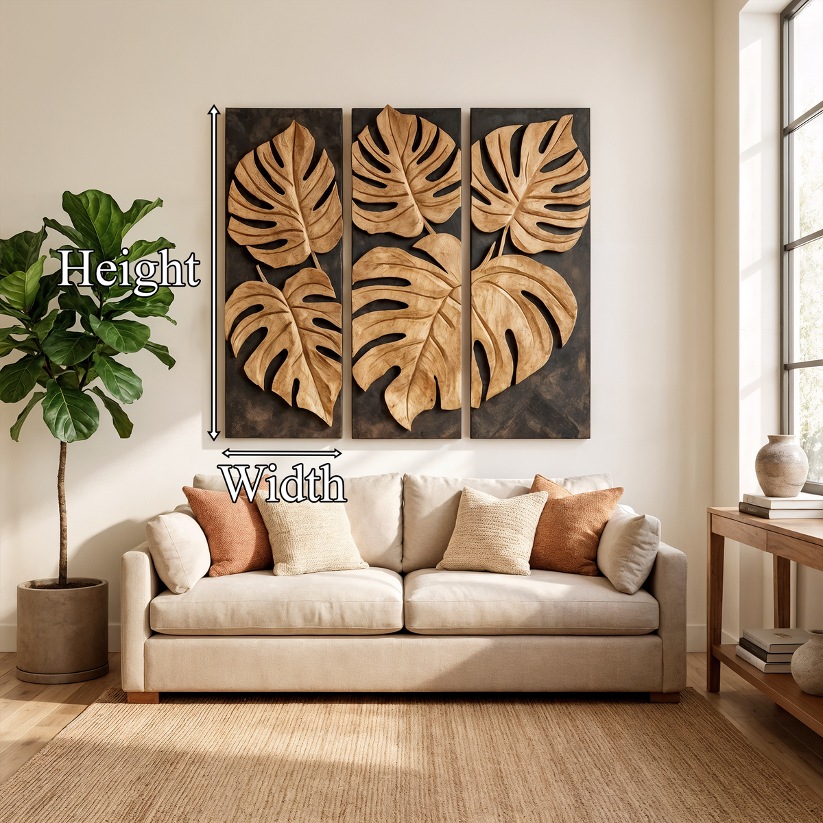 Carved Monstera Leaf Solid Wood Wall Art Triptych Statement Decor - view 8