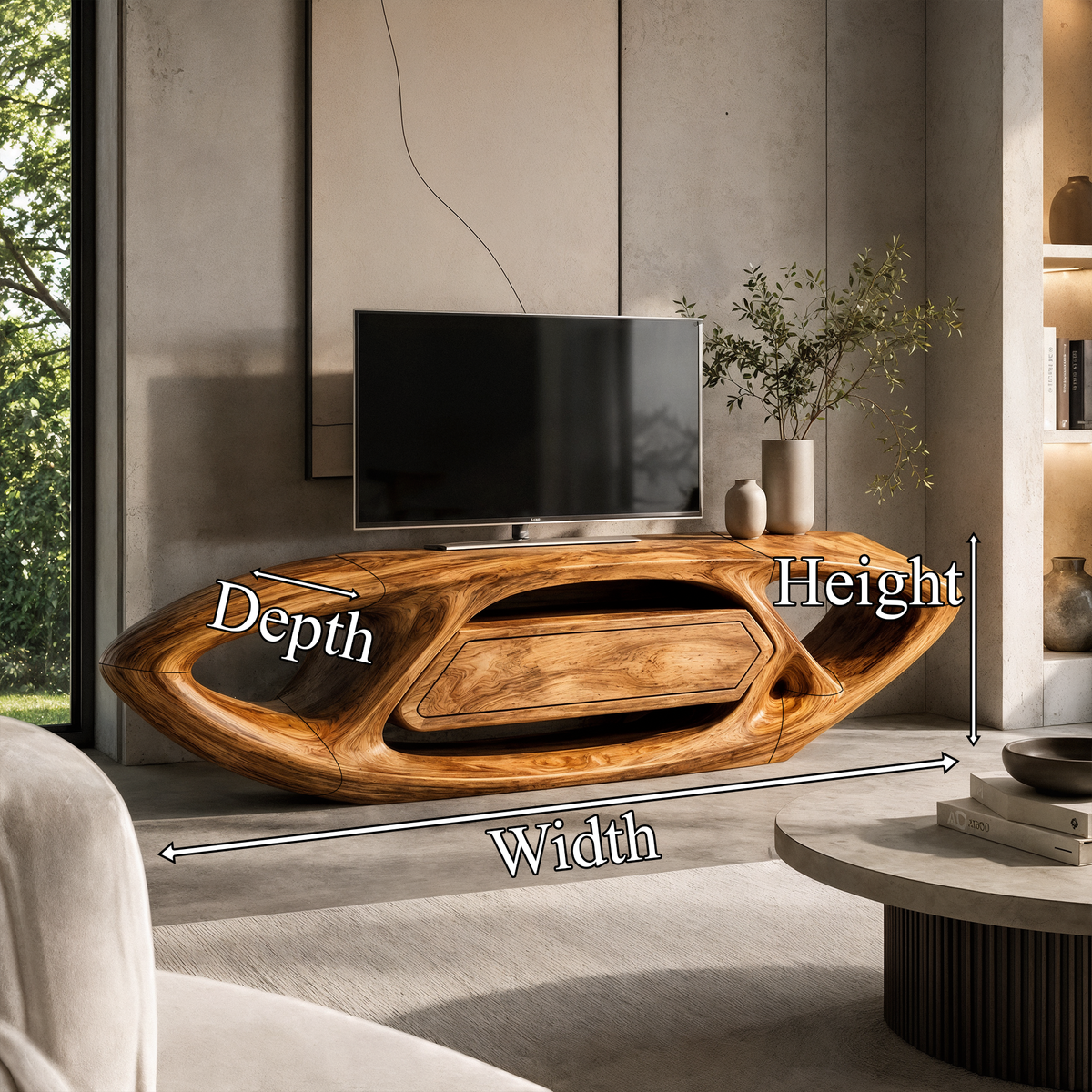 Contemporary TV Cabinet With Sculptural Oval Frame And Open Storage For Living Room - view 8