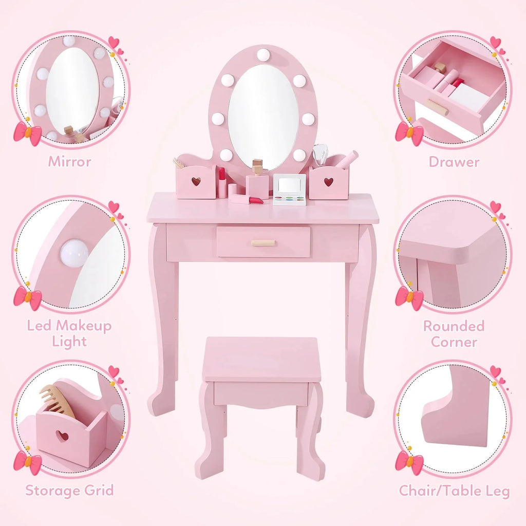 Kids Wood Vanity Table And Chair Set With Lights, Mirror, Drawer And Stool