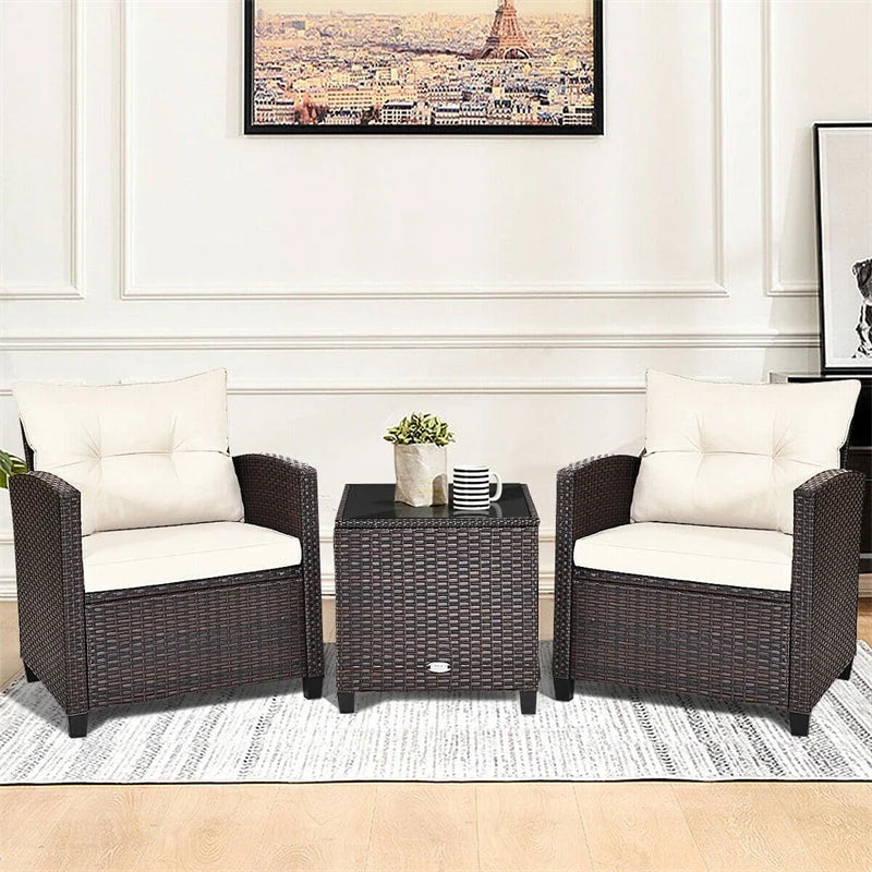 3-Piece Rattan Patio Conversation Set With Cushions And Coffee Table