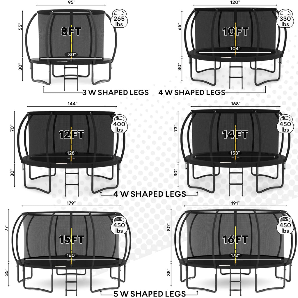 JUMPZYLLA Outdoor Trampoline With Enclosure, 8FT, Black & Blue - 14FT