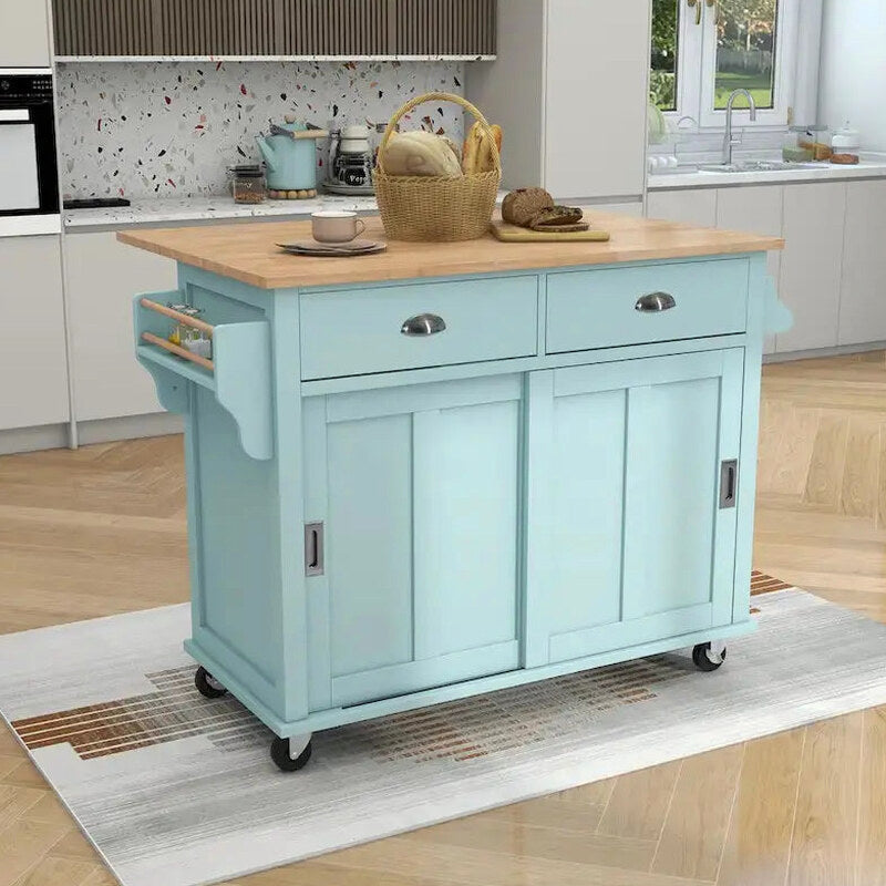 Rubberwood Kitchen Island Cart With Drop-Leaf Countertop, Concealed Barn Door Storage And 4 Locking Casters - 52.2 x 30.5 x 36.6 Inches