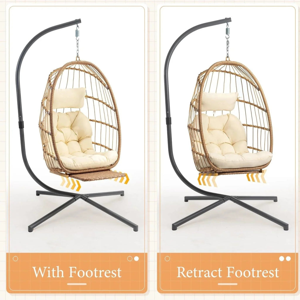 Yechen Indoor Outdoor Wicker Hanging Egg Chair With Stand, 38 x 38 x 78 Inches, 350 lbs, Charcoal Grey - EG-001