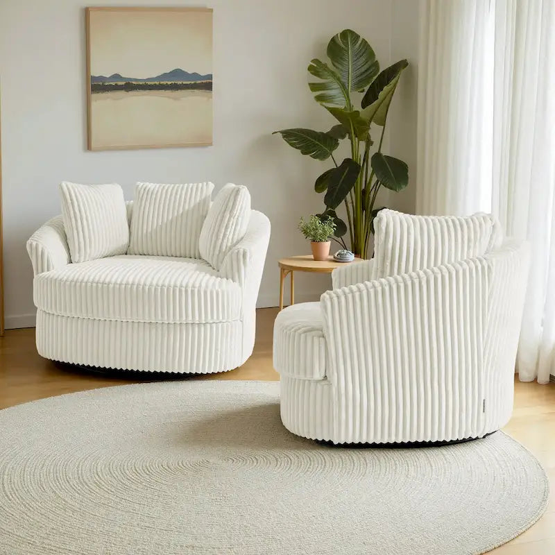 2-Piece Oversized 43 W Plush Corduroy Swivel Barrel Chairs With Pillows