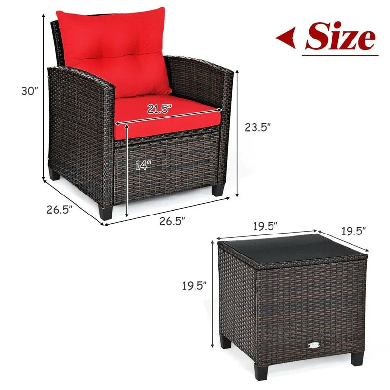 3-Piece Rattan Patio Conversation Set With Cushions And Coffee Table