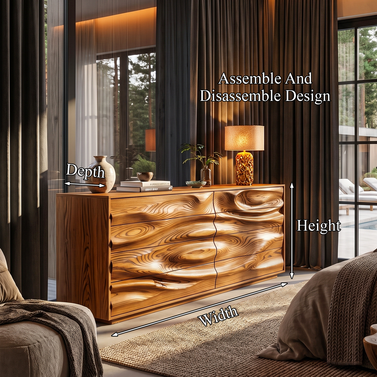 Contemporary Wooden Dresser With Sculpted Ripple Drawers For Bedroom - view 8