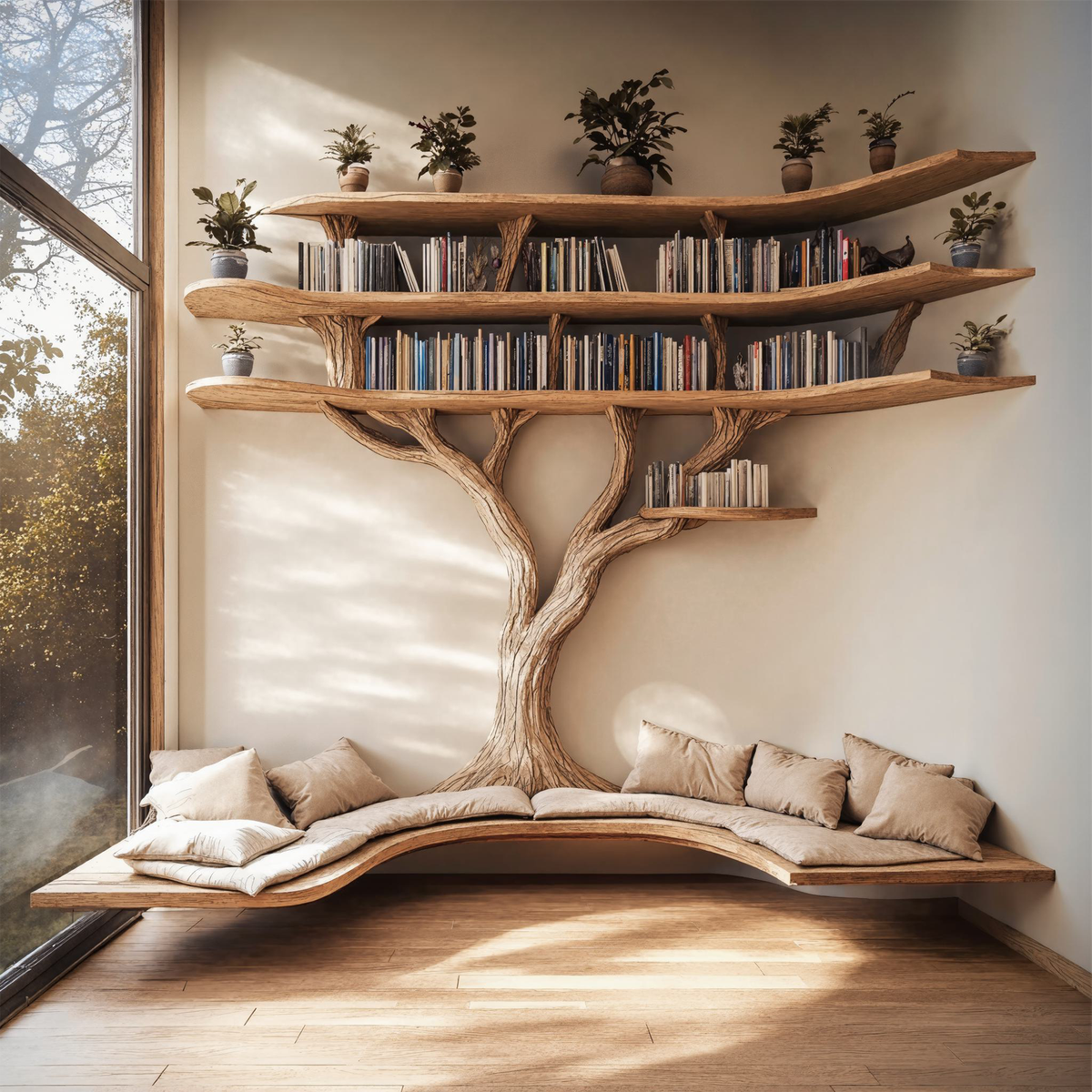Driftwood Branch Tree Bookshelf With U Shaped Bench Custom Corner Bench