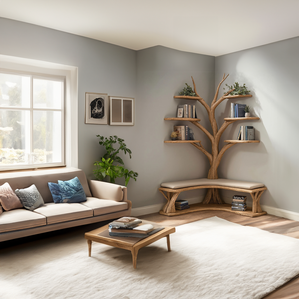 Driftwood Branch Floating Bookshelf Hall Tree With Wood Bench - view 2