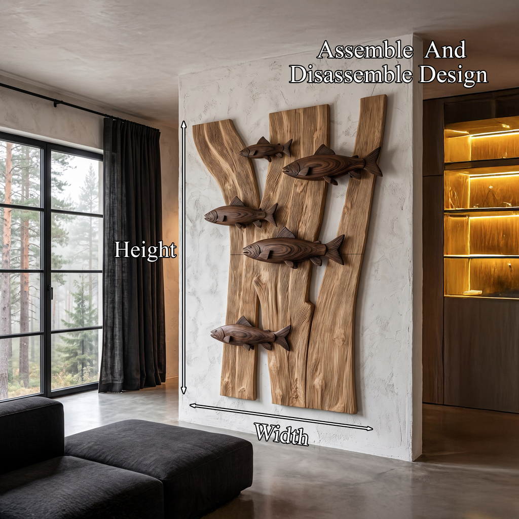 Contemporary Wooden Fish Wall Decor With Sculptural River Scene For Living Room And - view 8