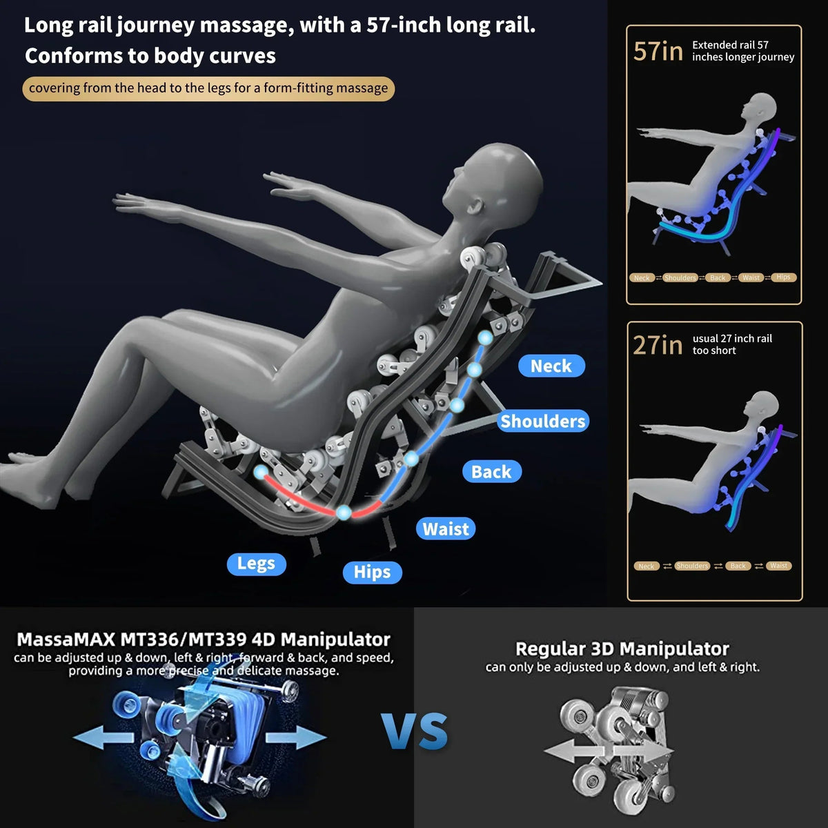 4D Zero Gravity Full Body Shiatsu Massage Chair With 58in SL Track - Premium Black Leather