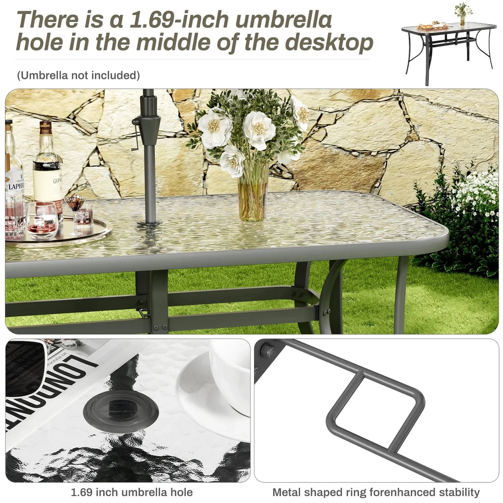 Arlopu Rectangular Patio Dining Table With 5mm Tempered Glass Top