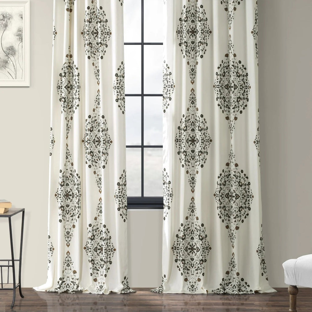 Medallion Damask Printed Cotton Room Darkening Curtain Panel, 1 Piece, 50 in W x 84/96/108/120 in L