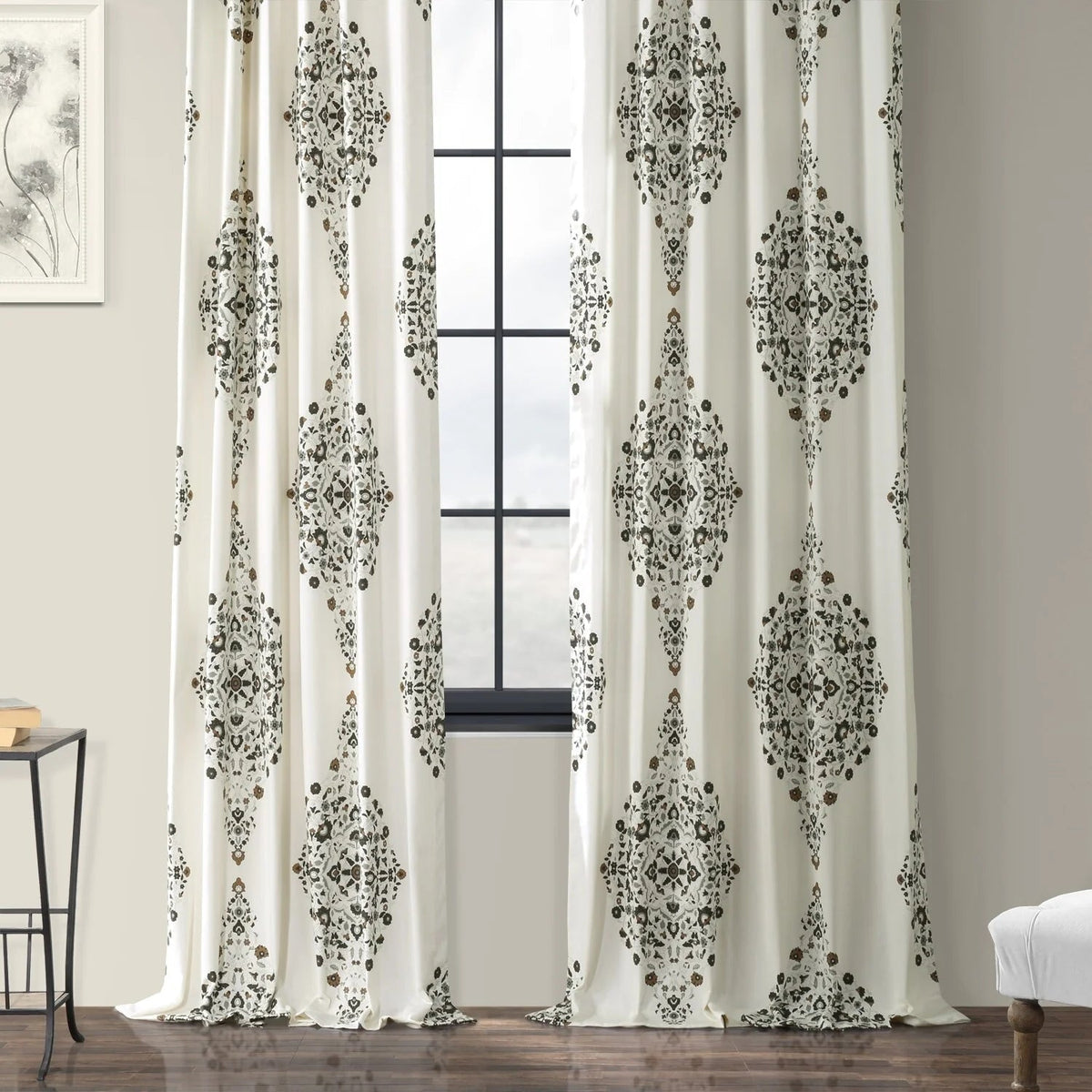 Medallion Damask Printed Cotton Room Darkening Curtain Panel, 1 Piece, 50 in W x 84/96/108/120 in L