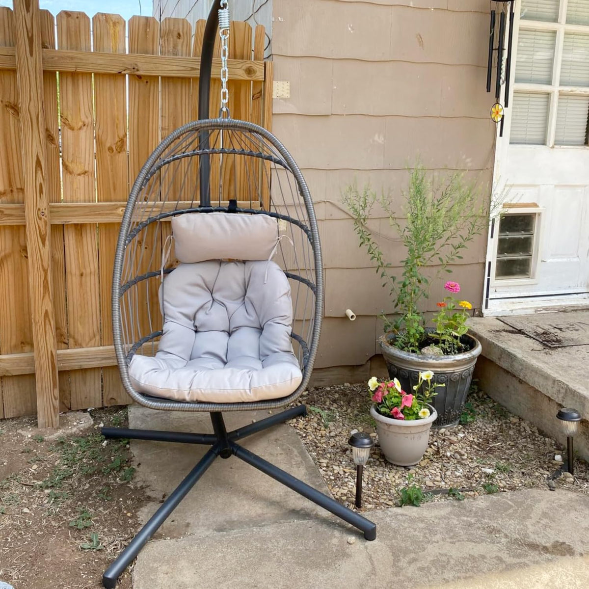 Yechen Indoor Outdoor Wicker Hanging Egg Chair With Stand, 38 x 38 x 78 Inches, 350 lbs, Charcoal Grey - EG-001