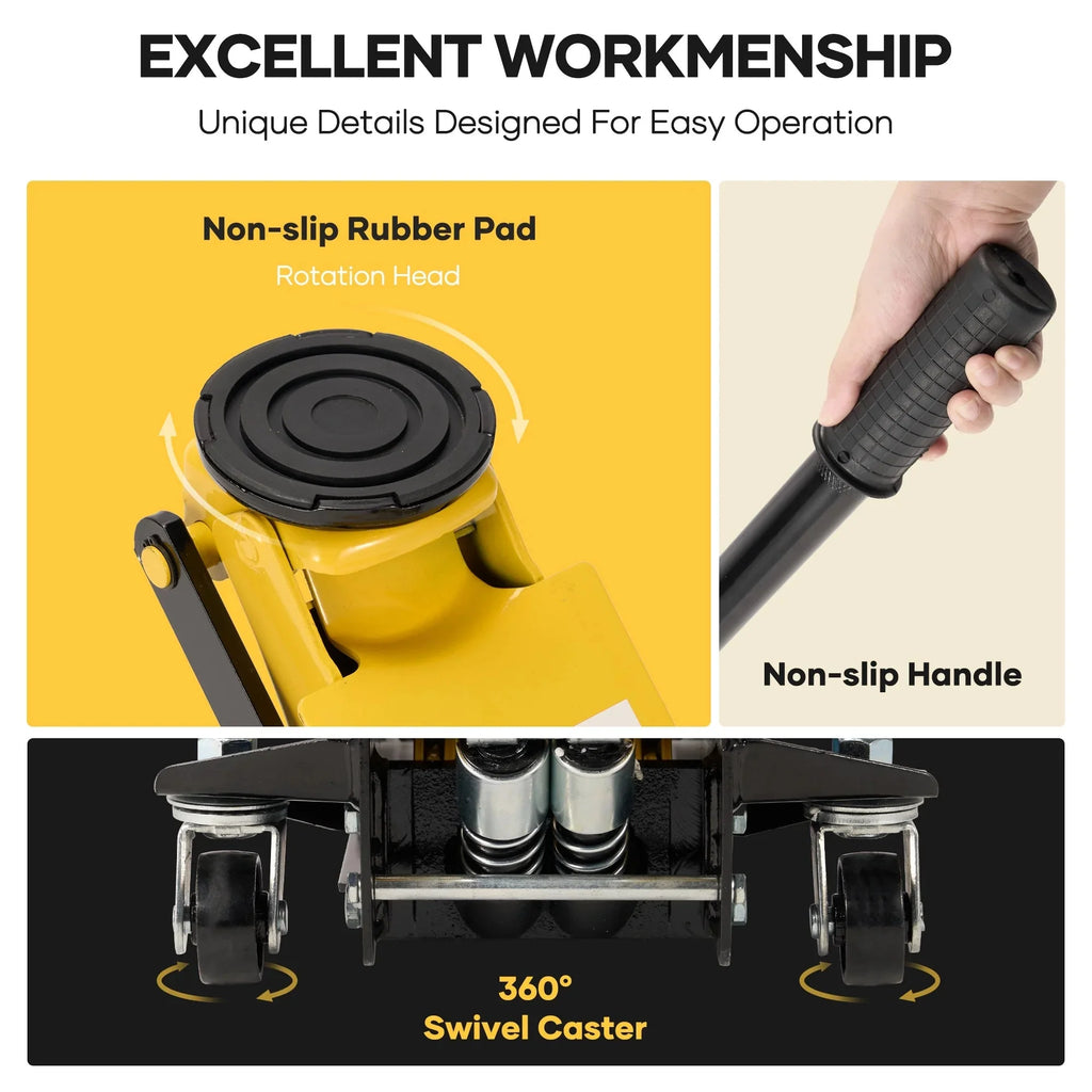 Naipo 3 Ton Low Profile Floor Jack, All Steel, 2.87in-19.69in, Yellow