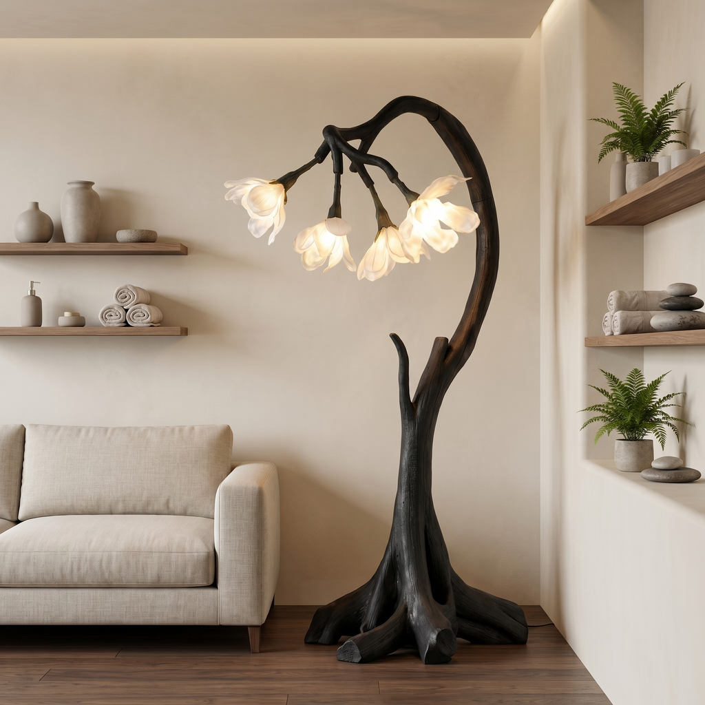 Bloom Floor Lamp With Sculptural Wooden Stand For Living Room And Bedroom - view 4