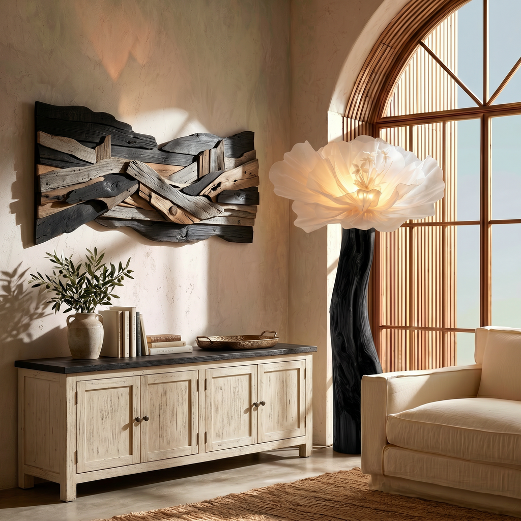 Artistic Flower Floor Lamp Sculptural Wood Base For Living Room - view 4