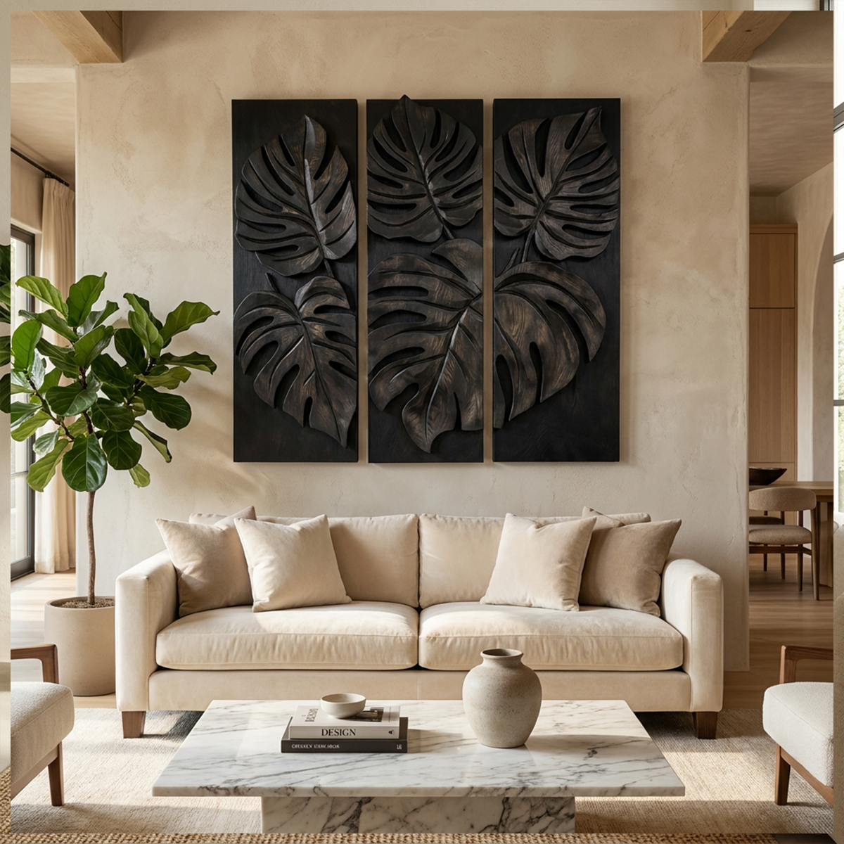 Carved Monstera Leaf Solid Wood Wall Art Triptych Statement Decor - view 4